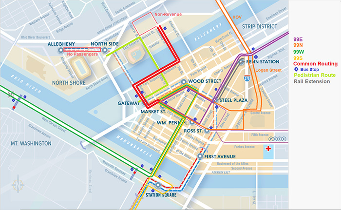 Downtown bus routes via Pittsburgh Regional Transit (PRT)