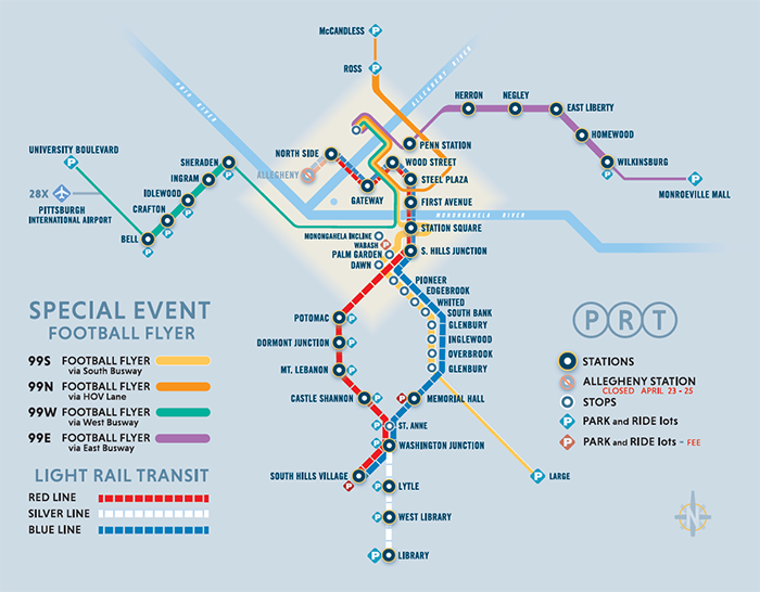 Regional light rail routes via Pittsburgh Regional Transit (PRT)